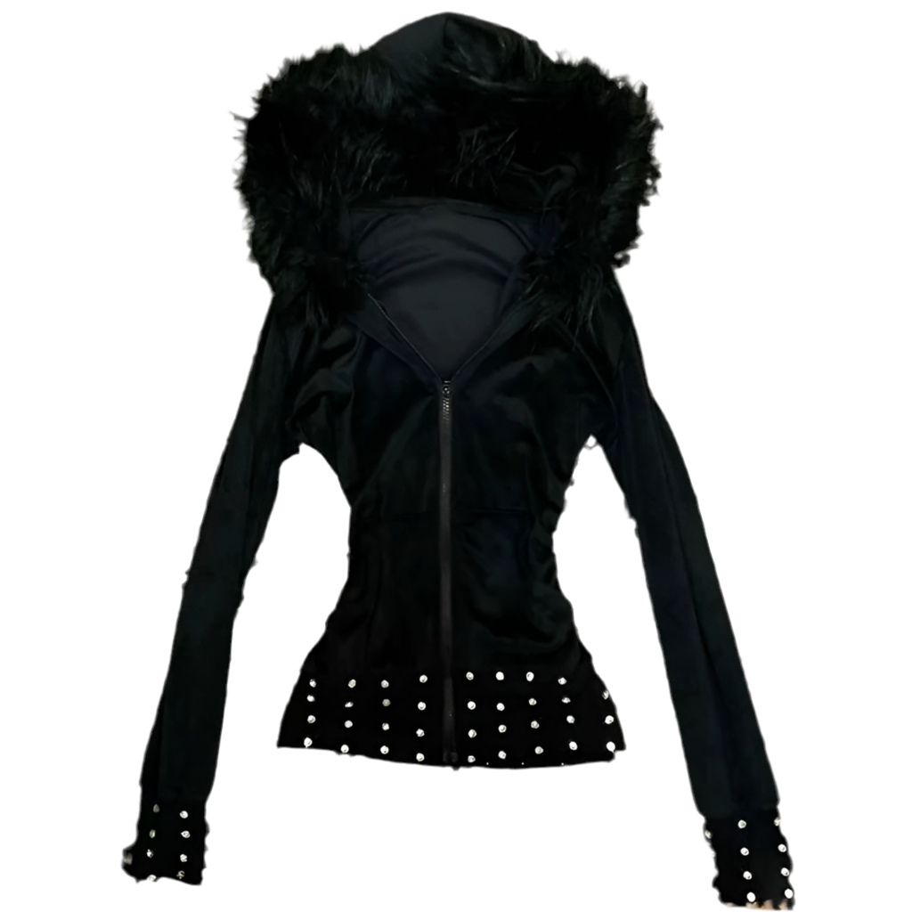 Fur hood studded zip up hoodie