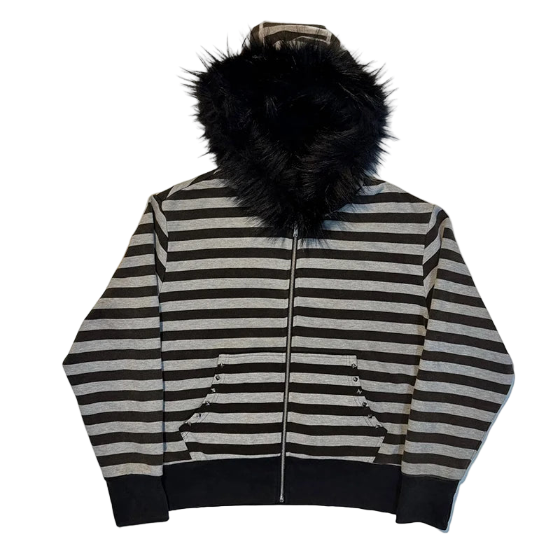 Striped Fur Hooded Hoodie