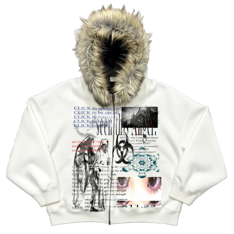 horror parody fur collar hooded sweater