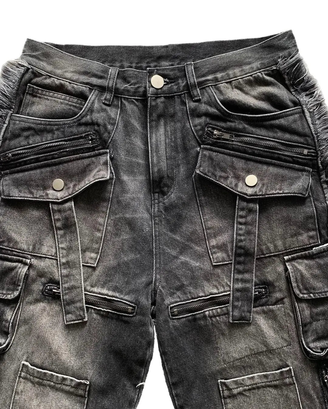 Multi-Pocket Washed Black Jeans