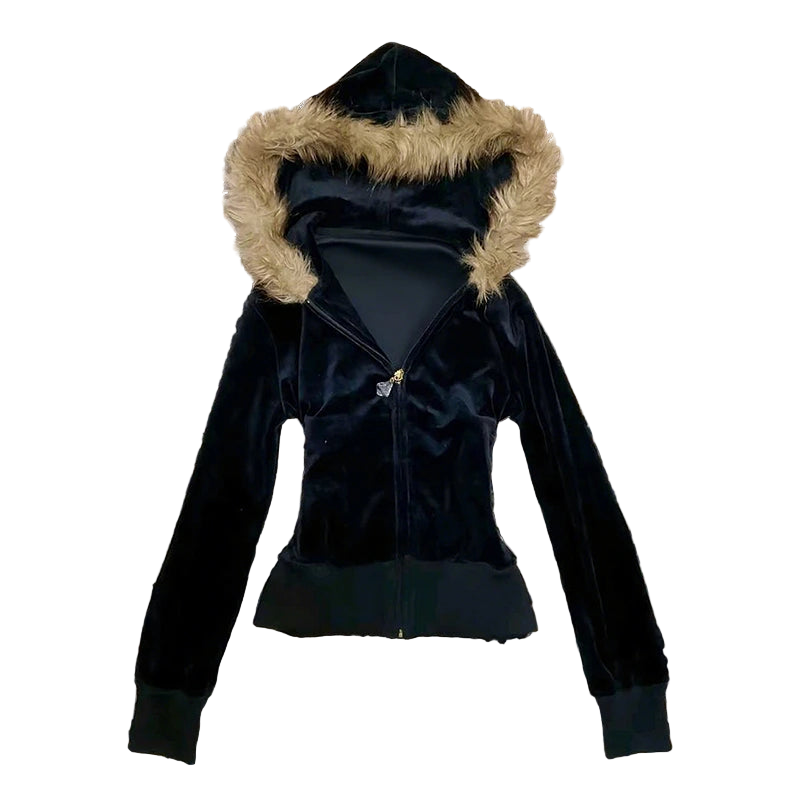 Black Fur Collar Zipper Hoodie