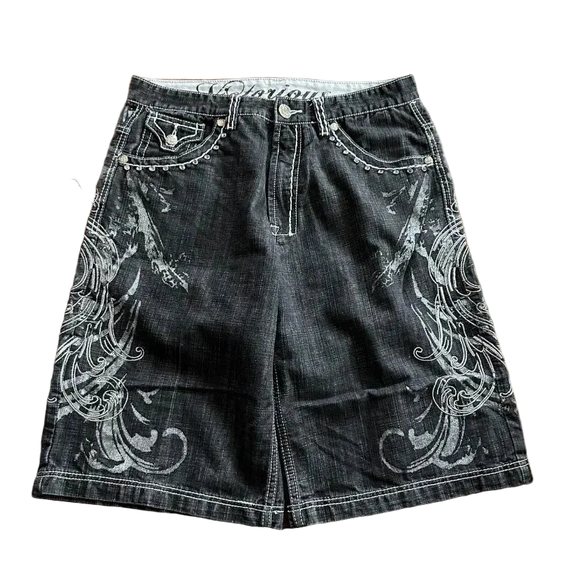 Letter Embroidery Baggy Denim Shorts