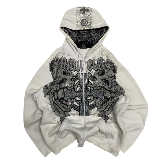 Skull Print Zip Up Hoodie