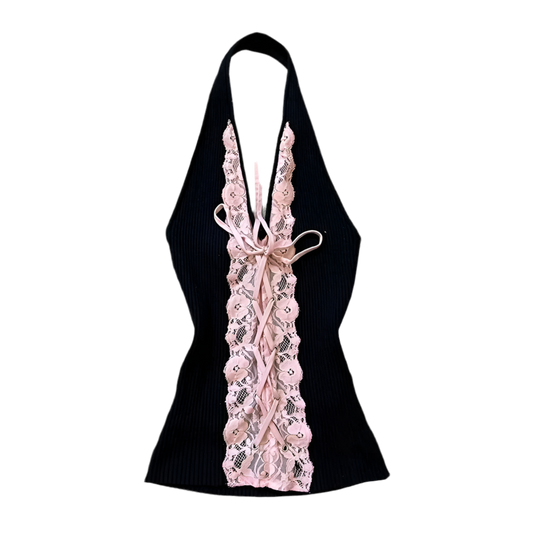 Pink Lace Bow Halter Top