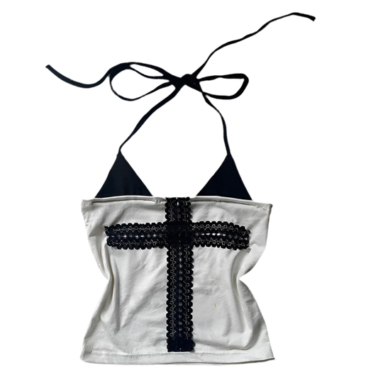 Y2k t-shirt Retro Halter Lace Cross Top