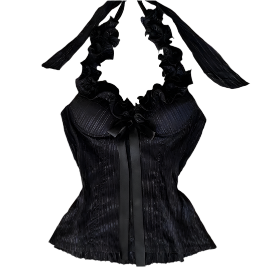 Ruffle black halter-neck top