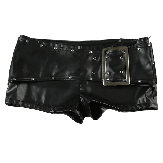 Rivet Buckle Belt Low Waist Leather Shorts