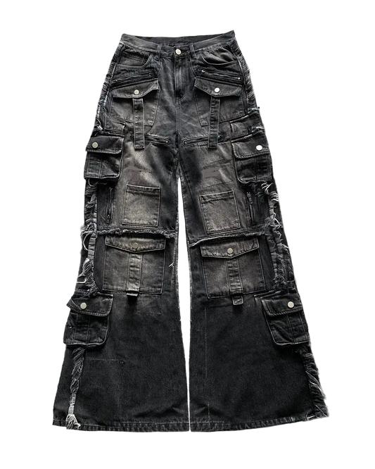 Multi-Pocket Washed Black Jeans