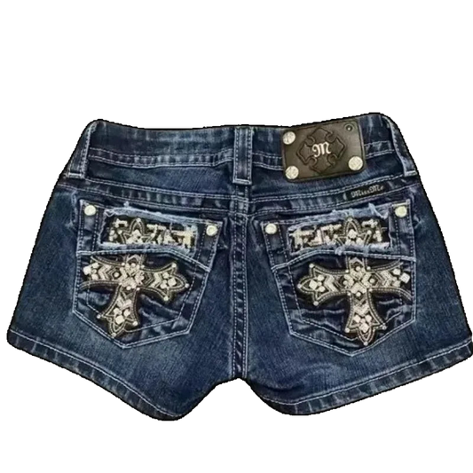 Embroidery Low-waist Mini Denim Shorts