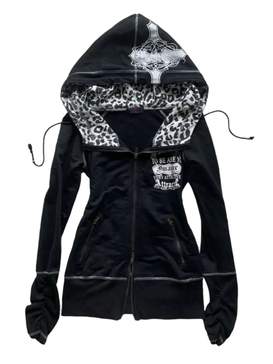 Leopard print black zip-up jumper