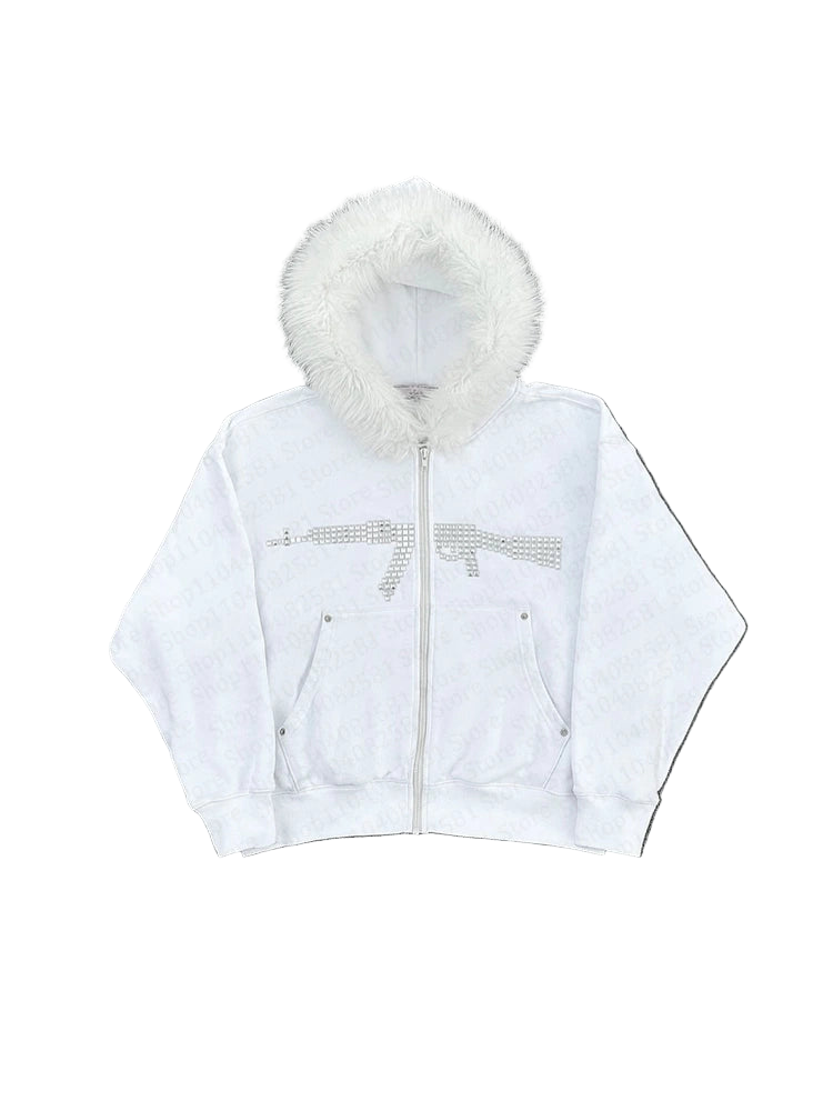 Y2K Fur Hood Zipper Hoodie with a studded design