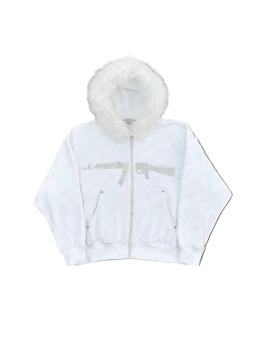 Y2K Fur Hood Zipper Hoodie with a studded design