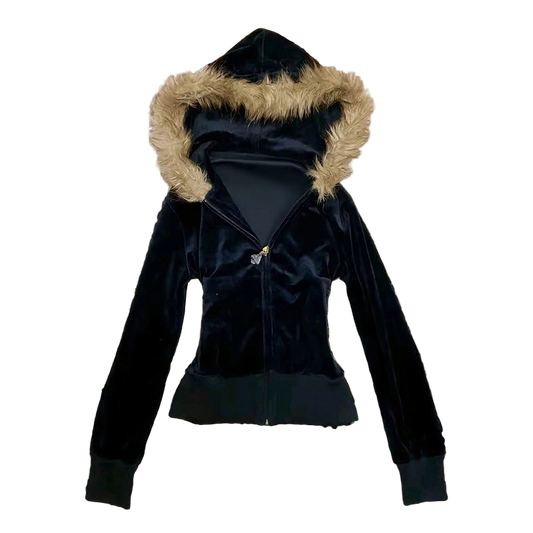 Black Fur Collar Zipper Hoodie