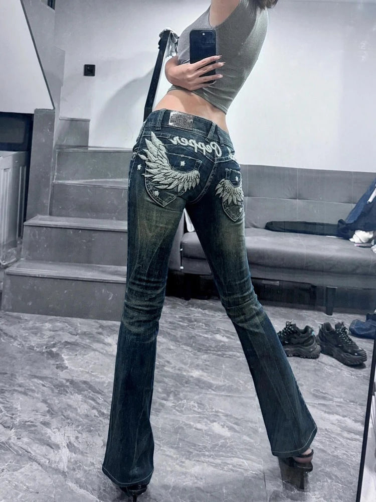 Wing Embroidery Low Waist Bootcut Jeans