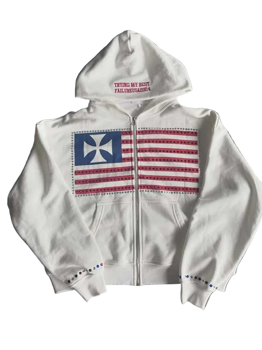 flag design studded hooded sweatshirt