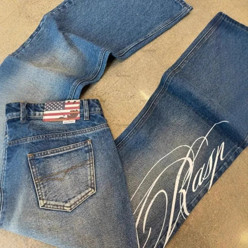 Blue Letter Graphic Print Jeans