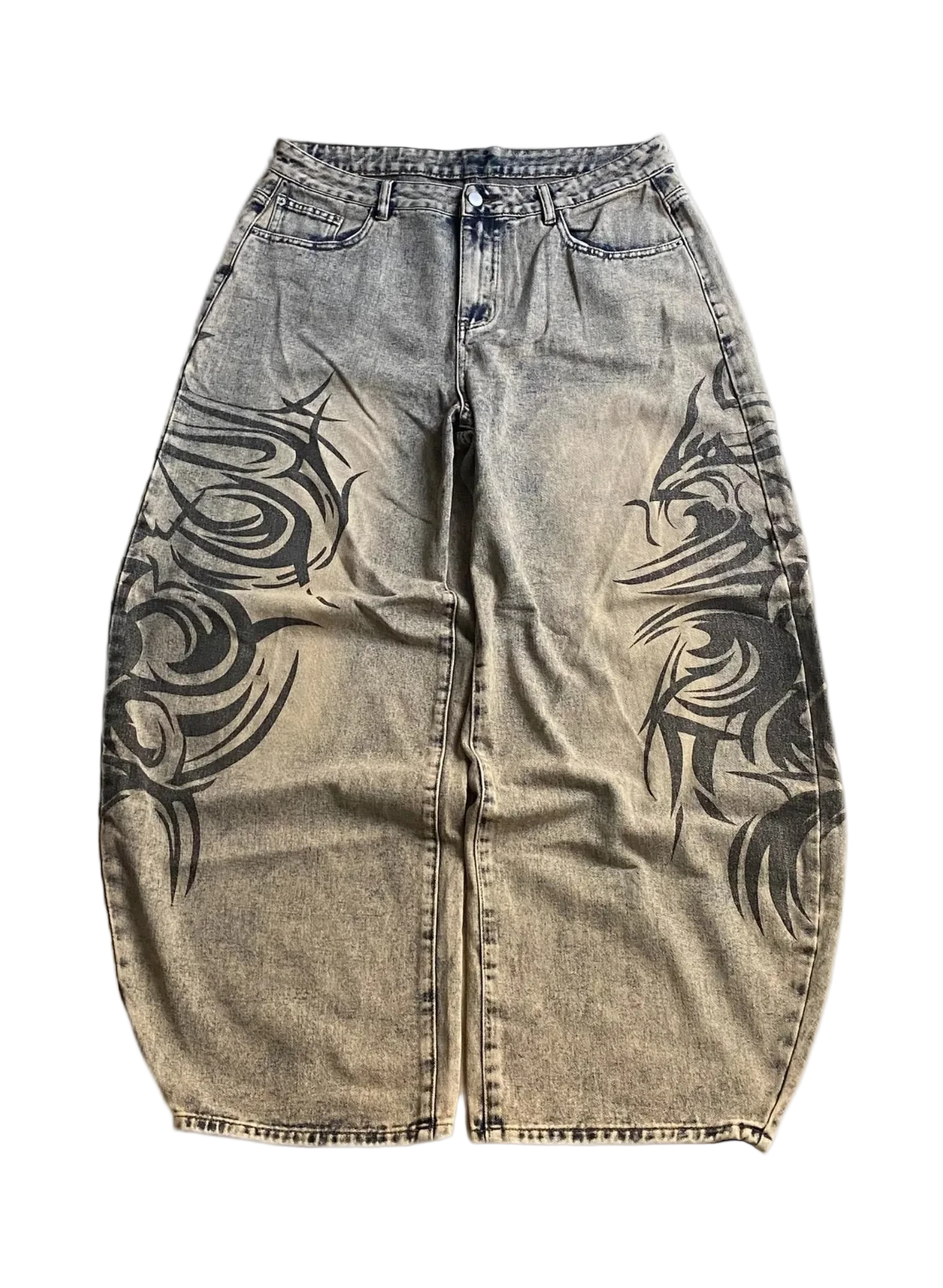 Tribal Print Washed Baggy Jeans