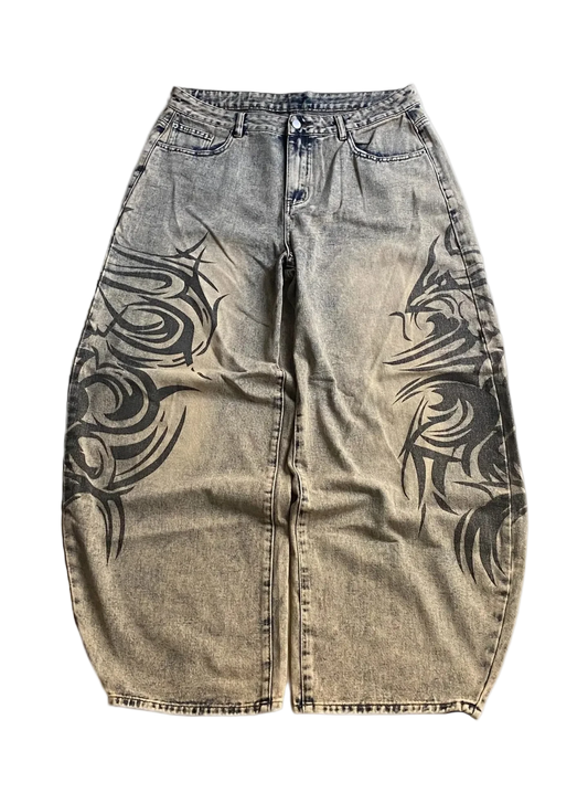 Tribal Print Washed Baggy Jeans