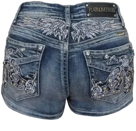 Motorcycle Wing Rivet Embroidery Shorts