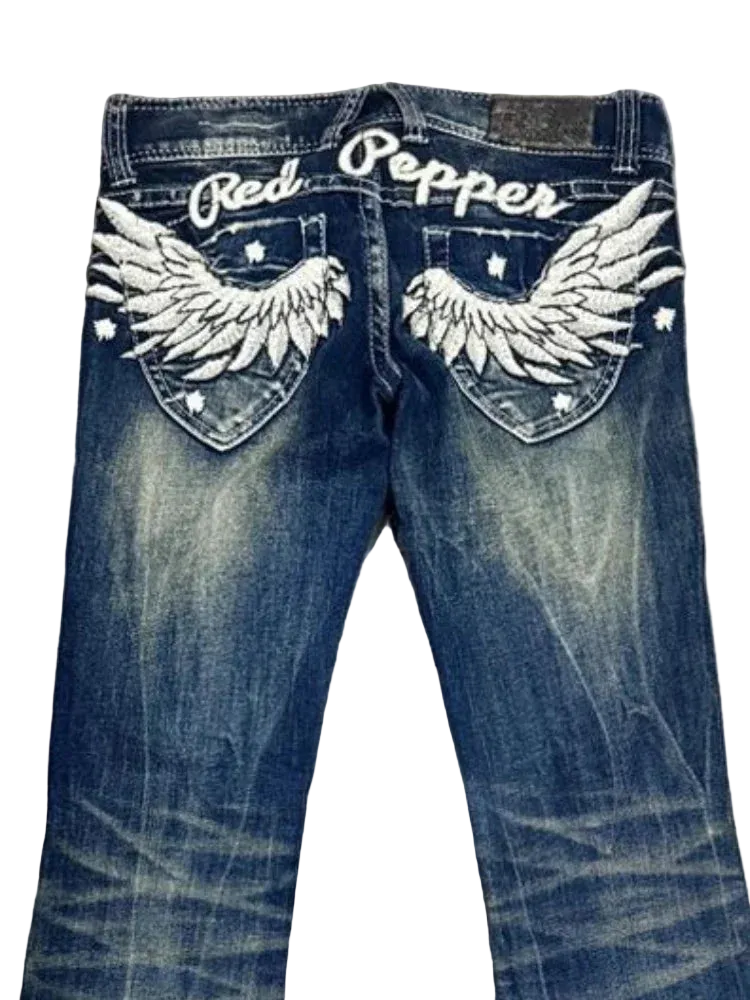 Wing Embroidery Low Waist Bootcut Jeans