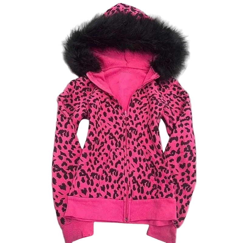 Leopard Print Pink Zipper Hoodie