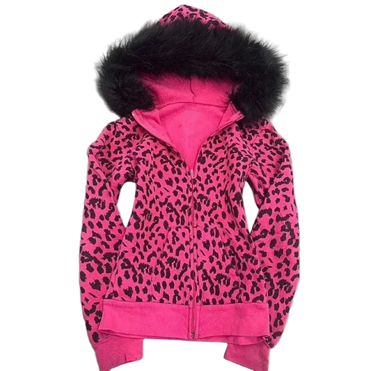 Leopard Print Pink Zipper Hoodie