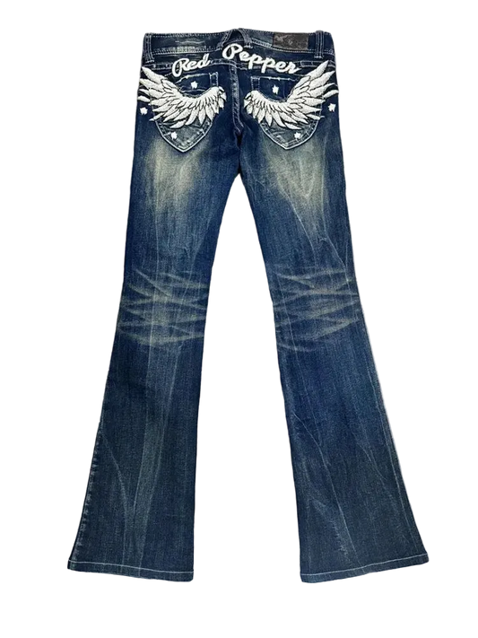 Wing Embroidery Low Waist Bootcut Jeans